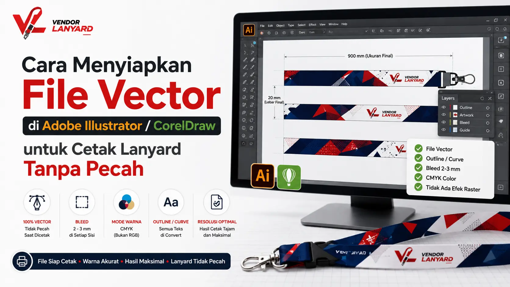 Cara Menyiapkan File Vector di Adobe Illustrator / CorelDraw untuk Cetak Lanyard Tanpa Pecah