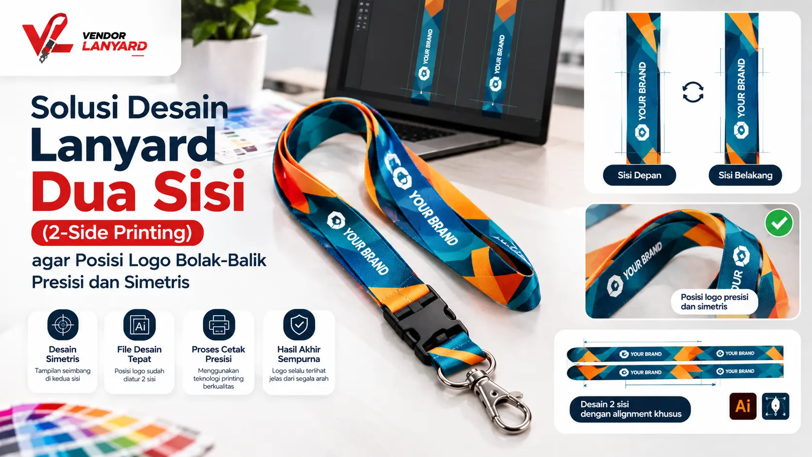 Solusi Desain Lanyard Dua Sisi (2-Side Printing) agar Posisi Logo Bolak-Balik Presisi dan Simetris